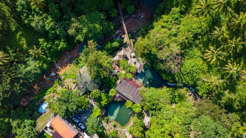Experience the vibrant greenery and rustic architecture of a tropical resort in Cebu City from above.